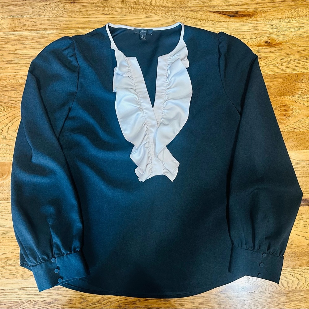 J. Crew Black Blouse with White Ruffle